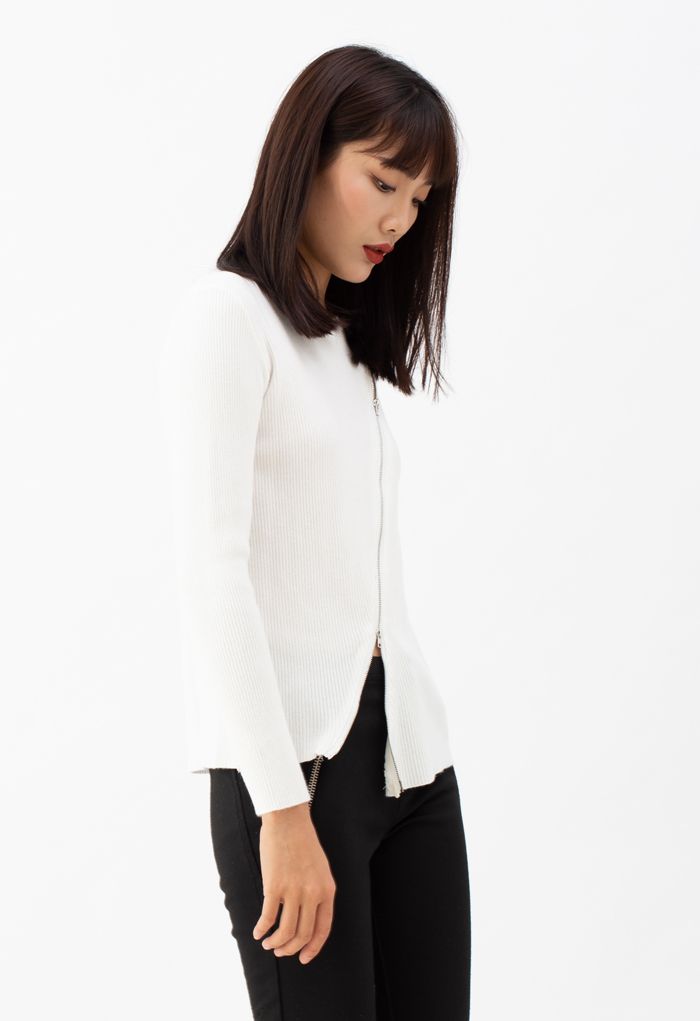 Zipper Up Ribbed Knit Top in White