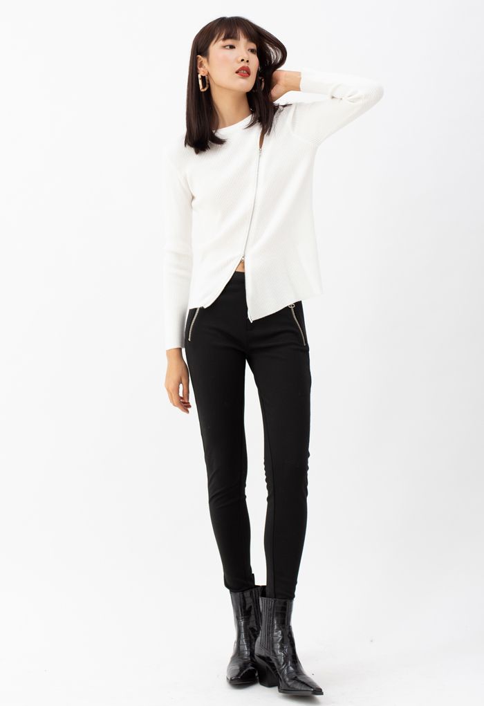 Zipper Up Ribbed Knit Top in White
