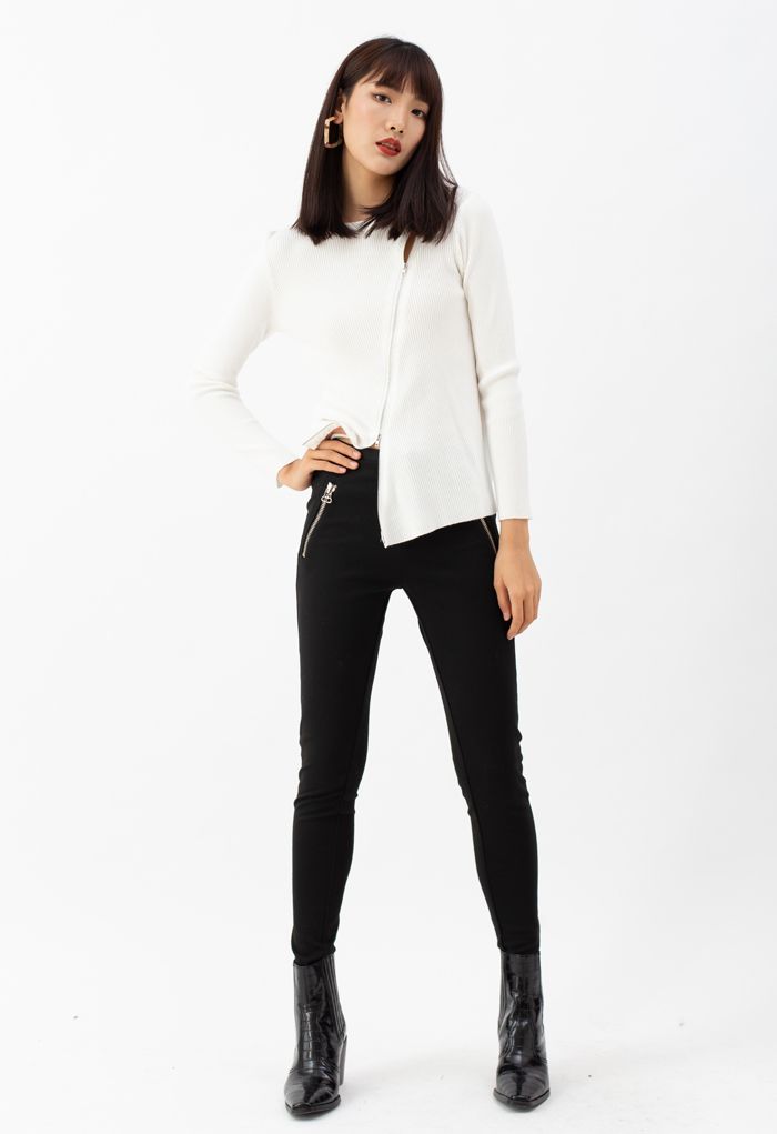 Zipper Up Ribbed Knit Top in White