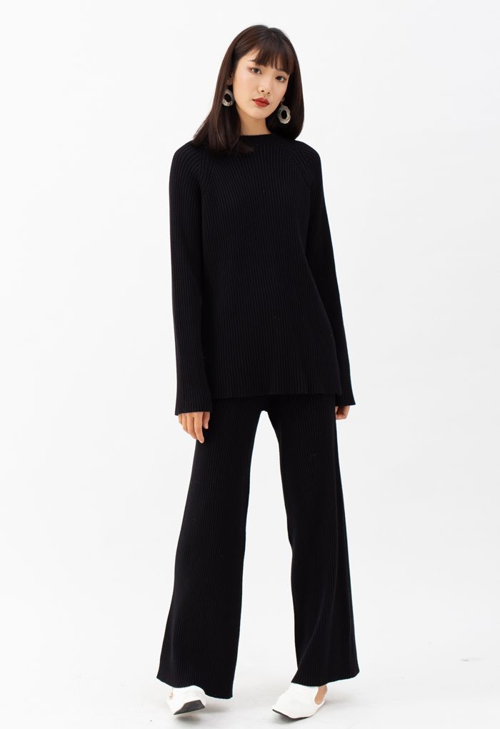 Rib Knit Split Hem Sweater and Pants Set in Black