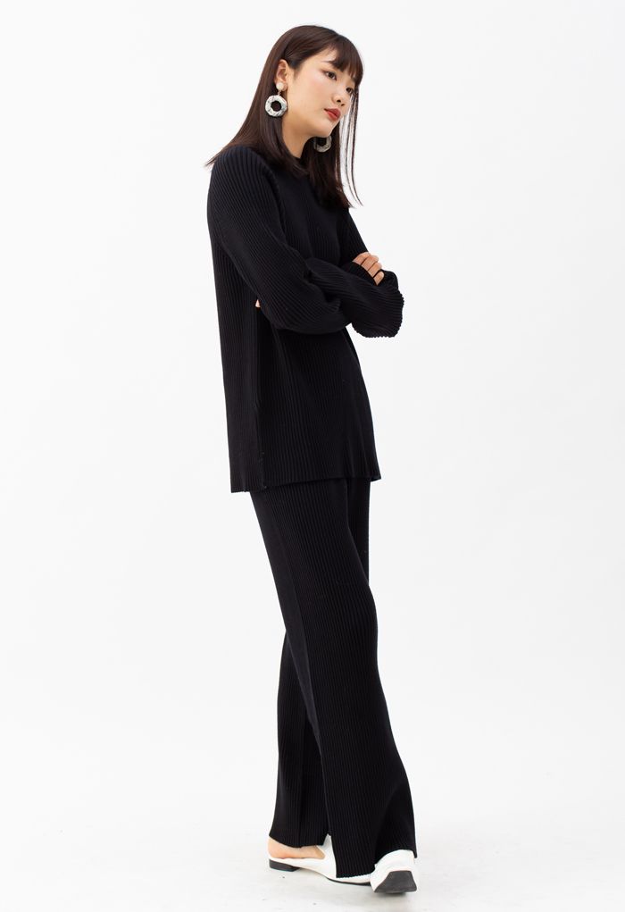 Rib Knit Split Hem Sweater and Pants Set in Black