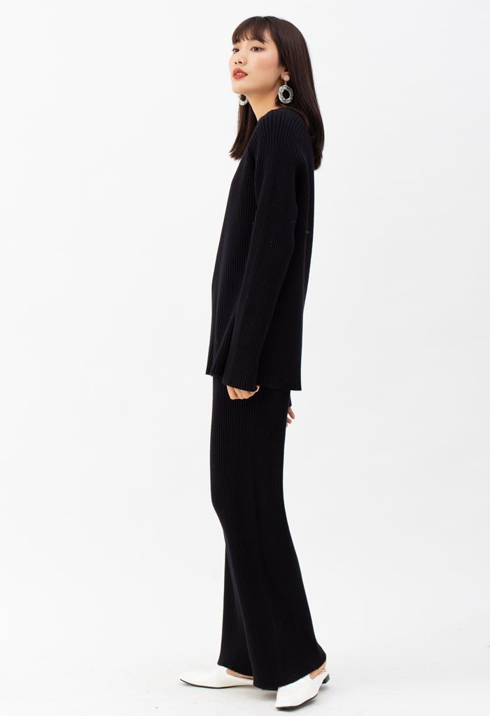 Rib Knit Split Hem Sweater and Pants Set in Black