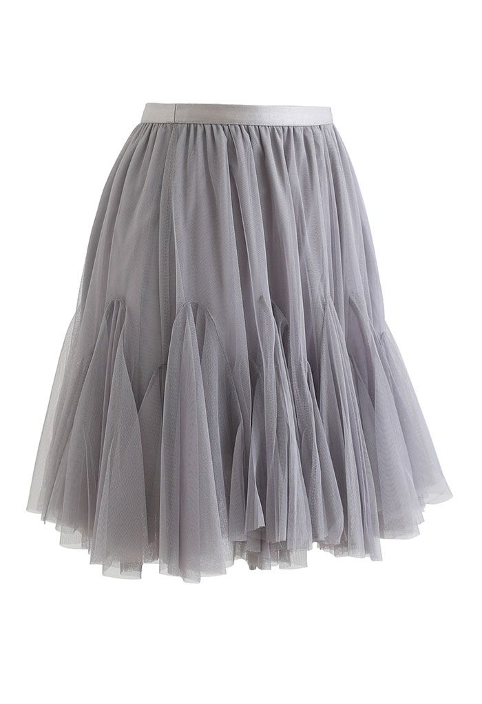Ruffle Hem Mesh Tulle Mini Skirt in Grey