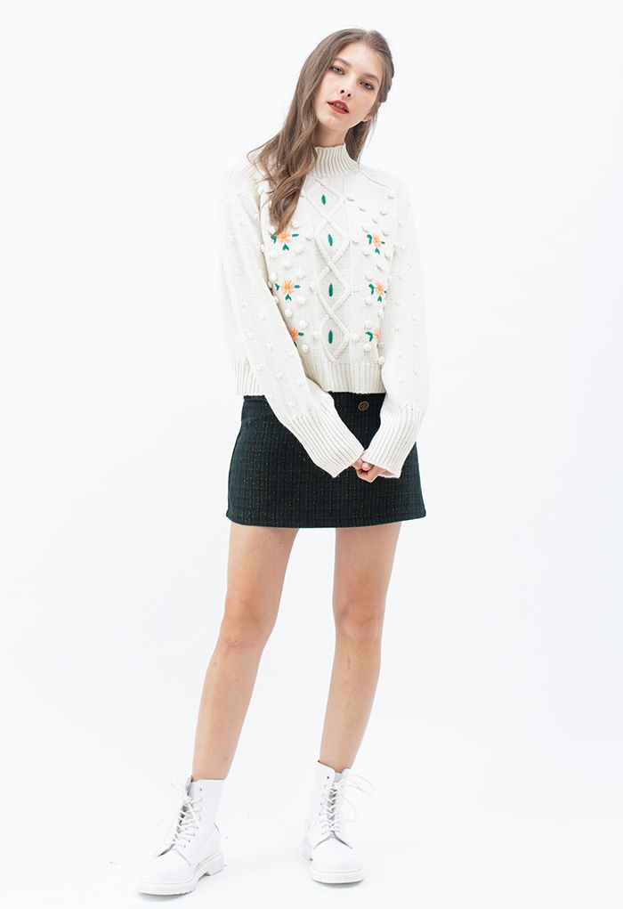 Gingham Pattern Shimmer Tweed Mini Skirt in Green