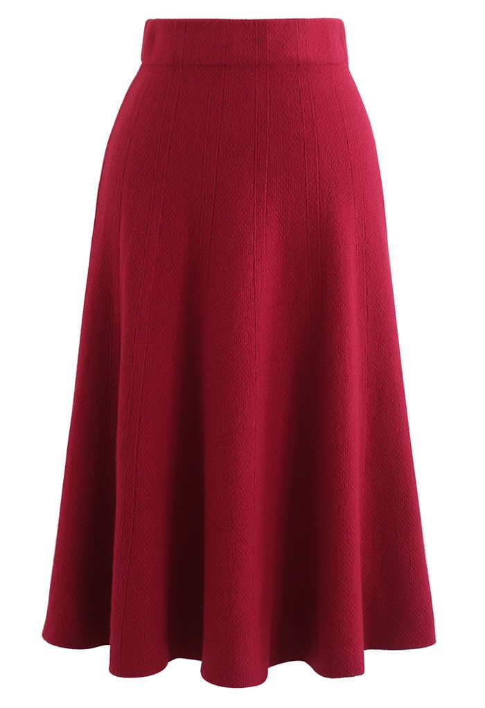 Textured Knit Flare Hem Knit Midi Skirt in Red