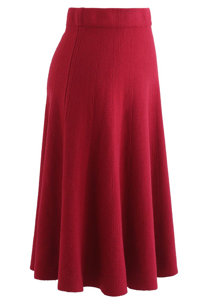 Textured Knit Flare Hem Knit Midi Skirt in Red