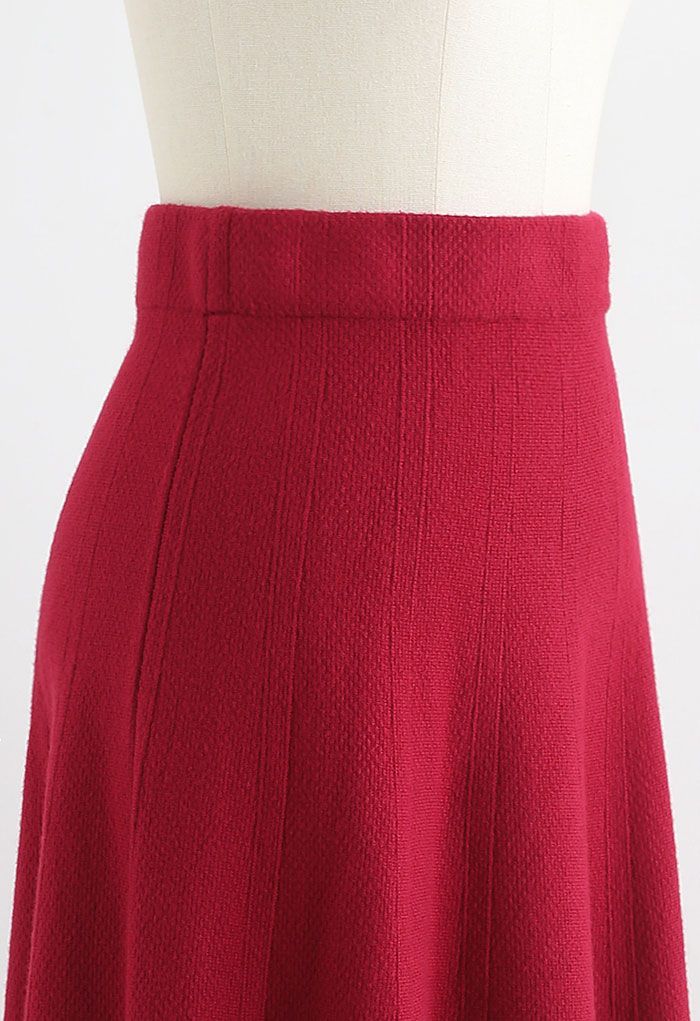 Textured Knit Flare Hem Knit Midi Skirt in Red