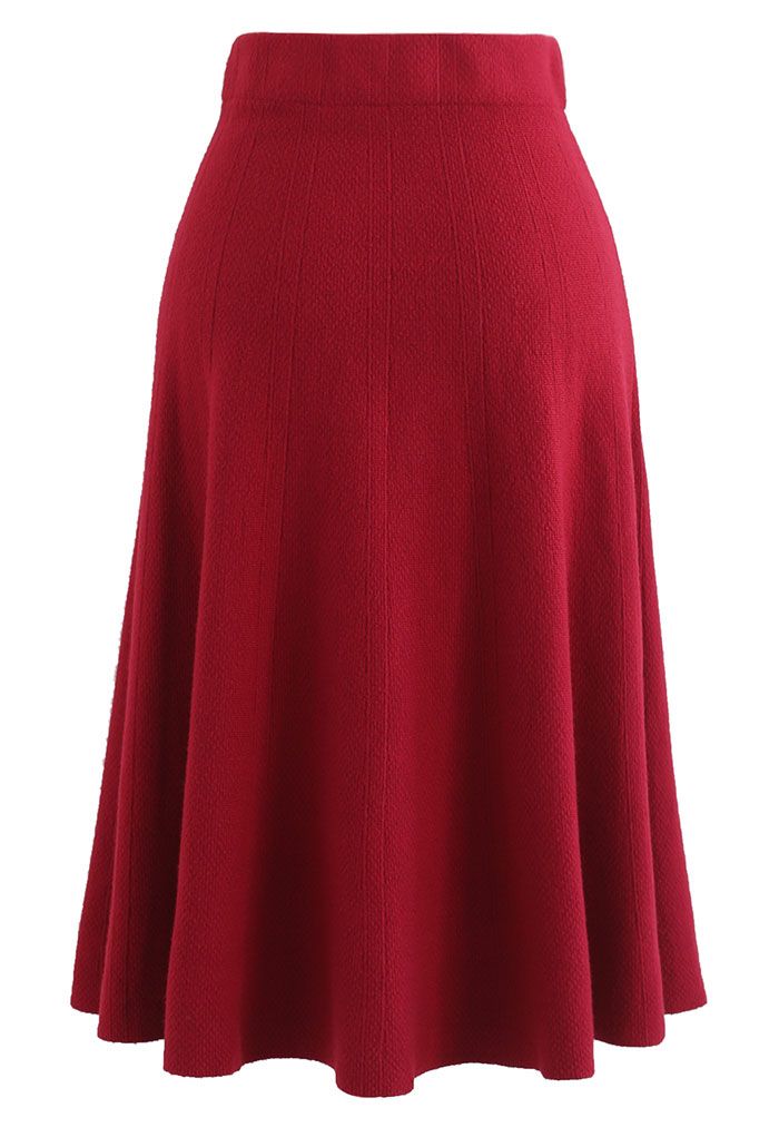Textured Knit Flare Hem Knit Midi Skirt in Red