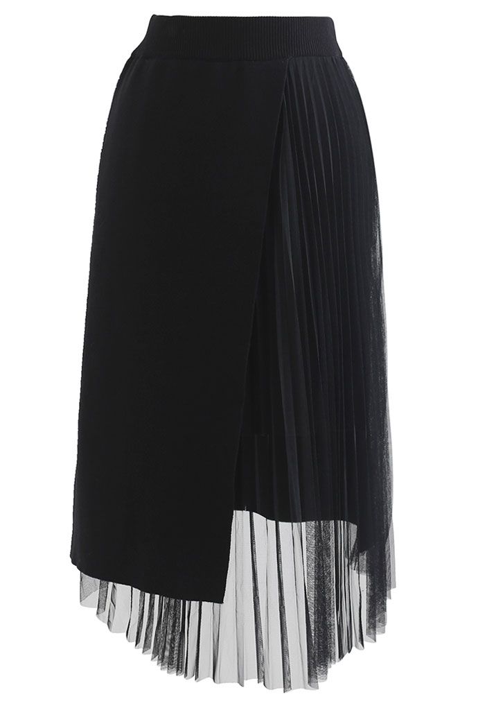 Mesh Spliced Flap Knit Midi Skirt in Black