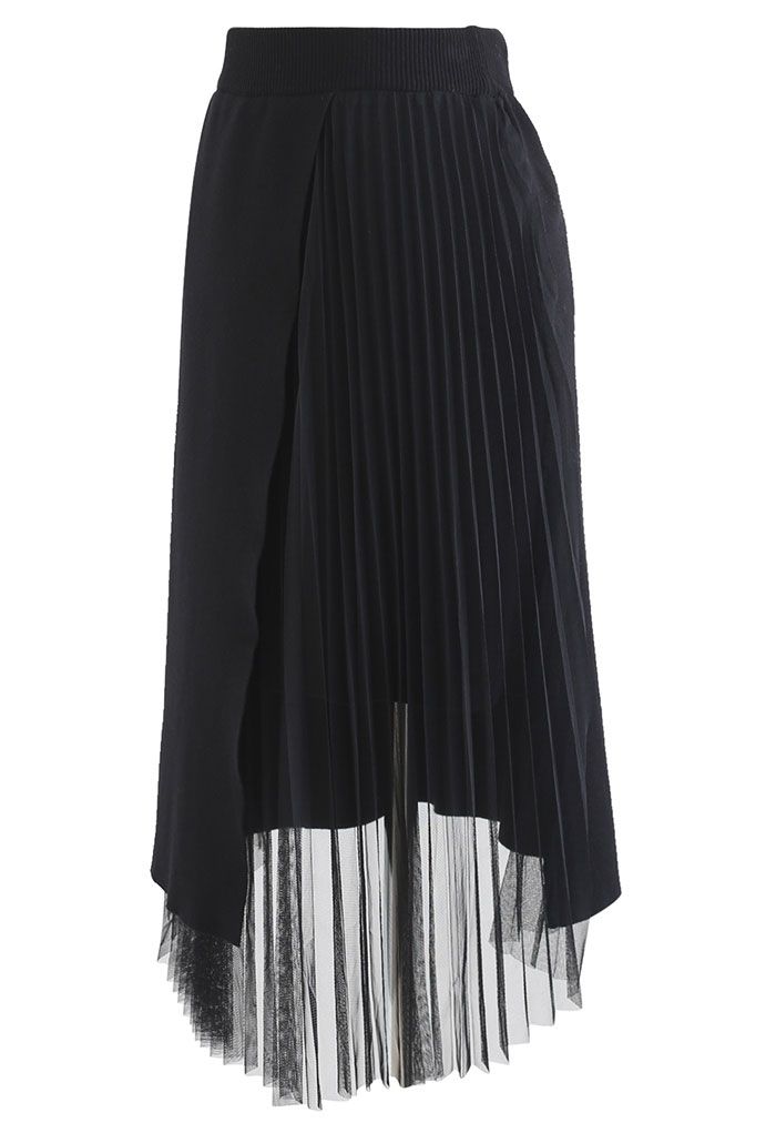 Mesh Spliced Flap Knit Midi Skirt in Black