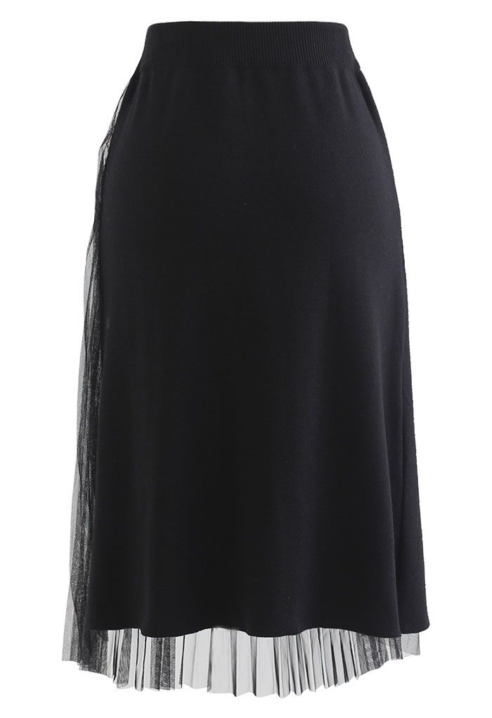 Mesh Spliced Flap Knit Midi Skirt in Black
