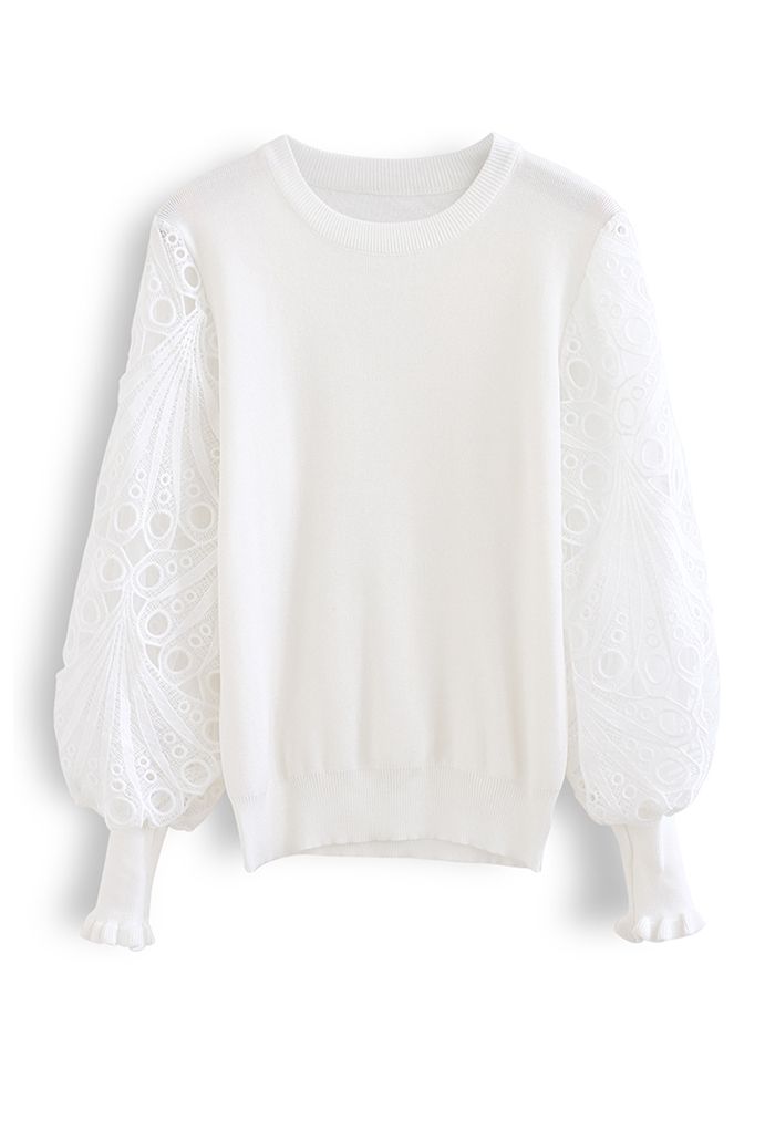 Scalloped Crochet Puff Sleeve Knit Top in White