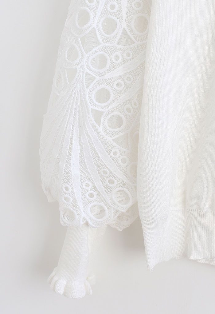 Scalloped Crochet Puff Sleeve Knit Top in White