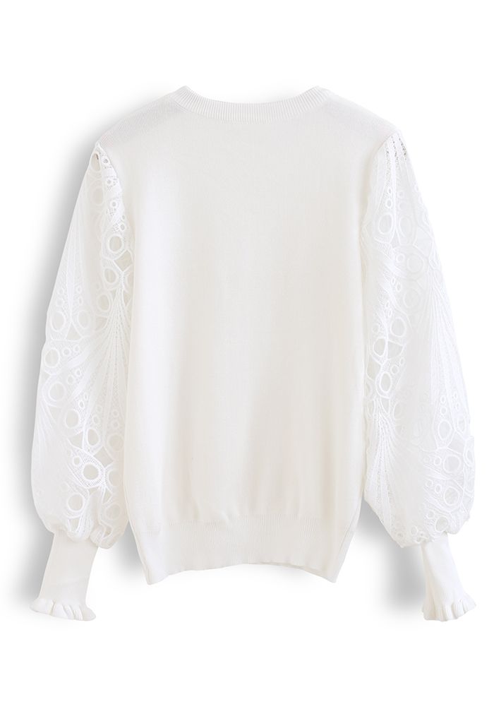 Scalloped Crochet Puff Sleeve Knit Top in White
