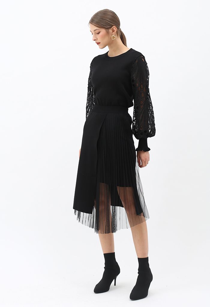 Mesh Spliced Flap Knit Midi Skirt in Black