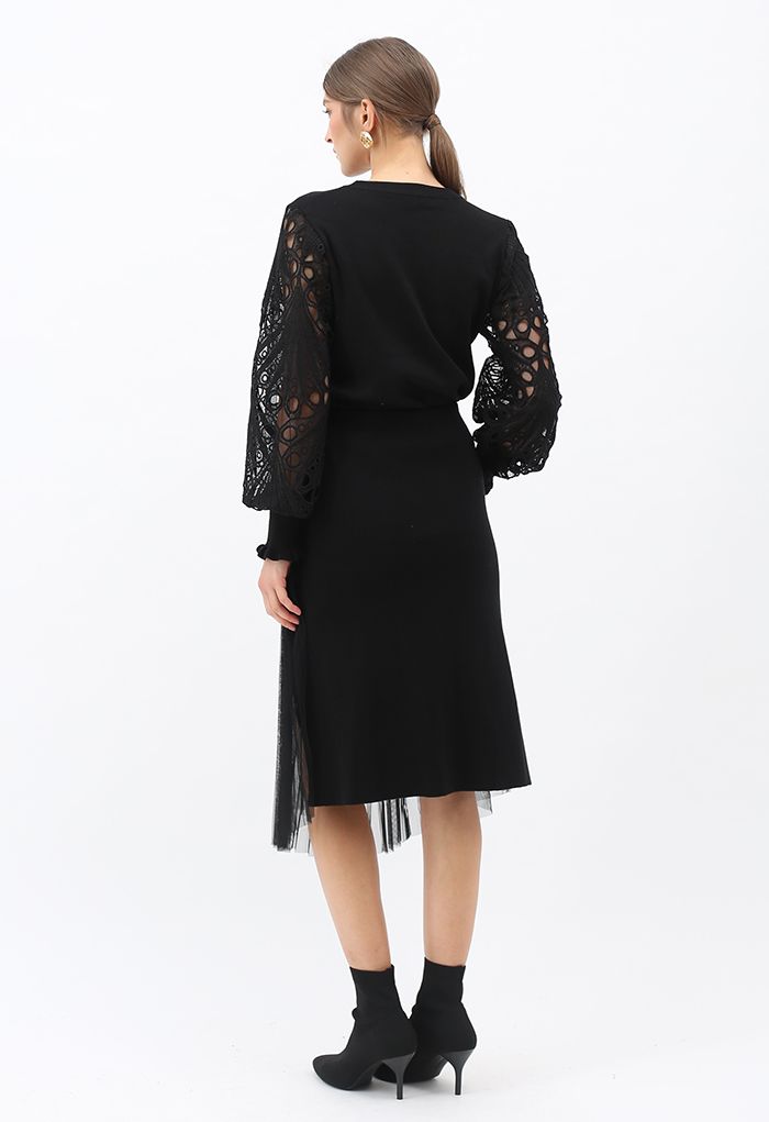 Mesh Spliced Flap Knit Midi Skirt in Black