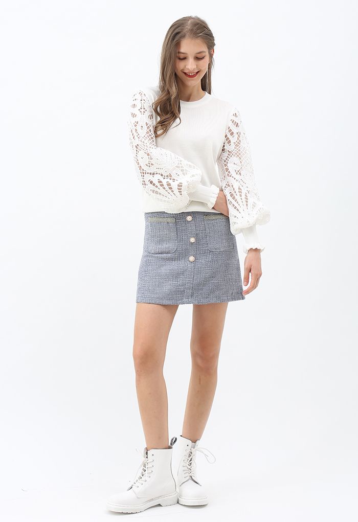 Scalloped Crochet Puff Sleeve Knit Top in White