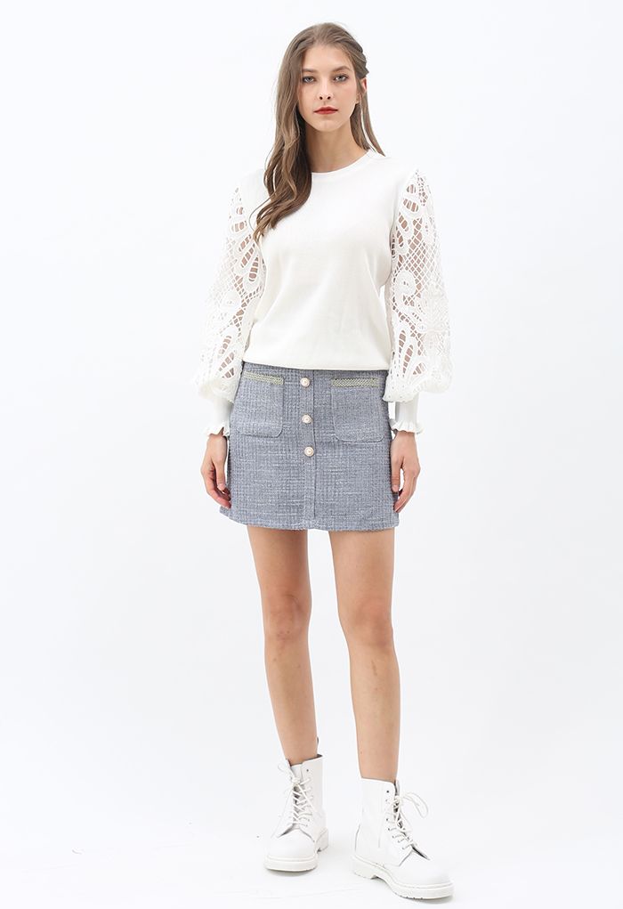 Scalloped Crochet Puff Sleeve Knit Top in White