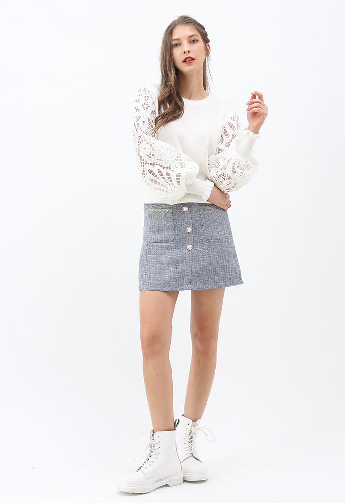 Scalloped Crochet Puff Sleeve Knit Top in White