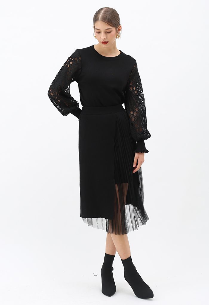 Mesh Spliced Flap Knit Midi Skirt in Black