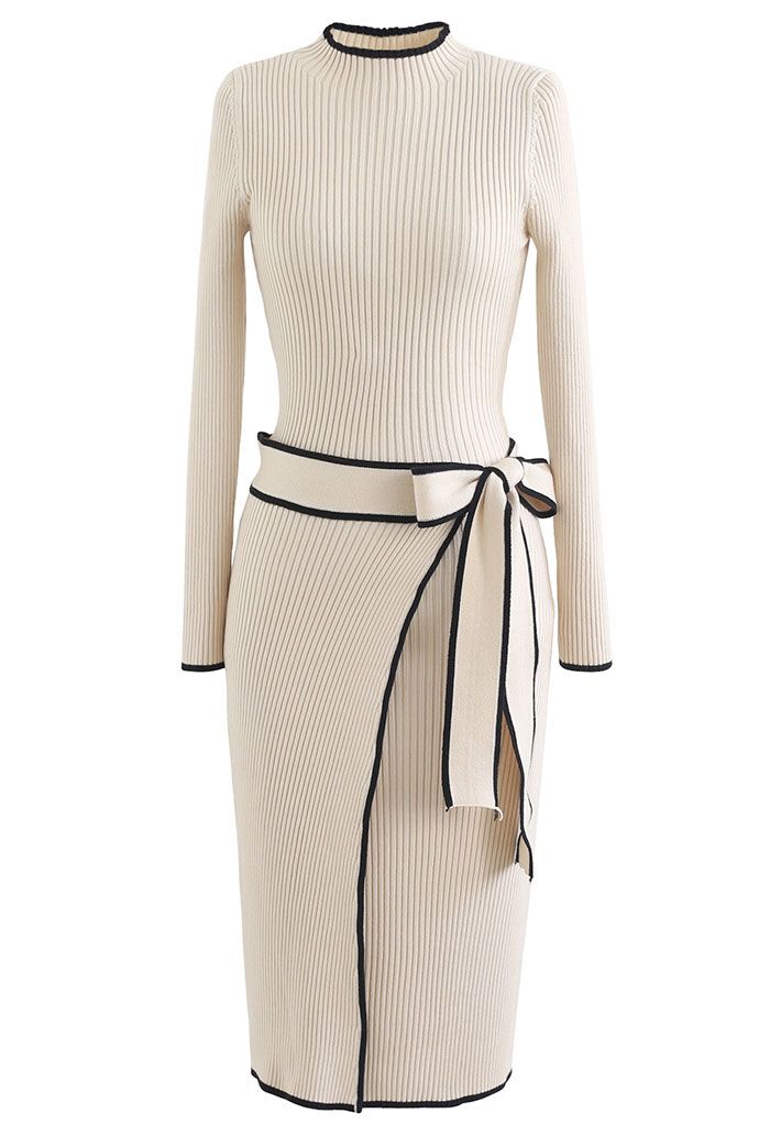 Contrast Edge Flap Front Tie Bow Knit Dress