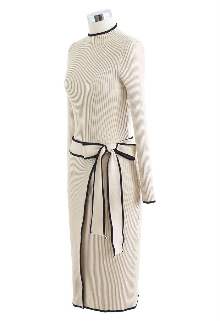 Contrast Edge Flap Front Tie Bow Knit Dress