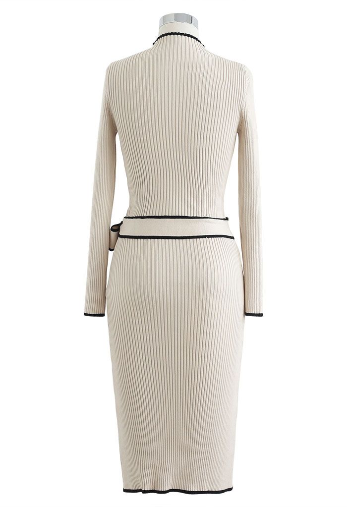 Contrast Edge Flap Front Tie Bow Knit Dress