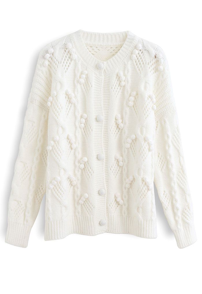 Pom-Pom Braid Hollow Out Knit Cardigan in White