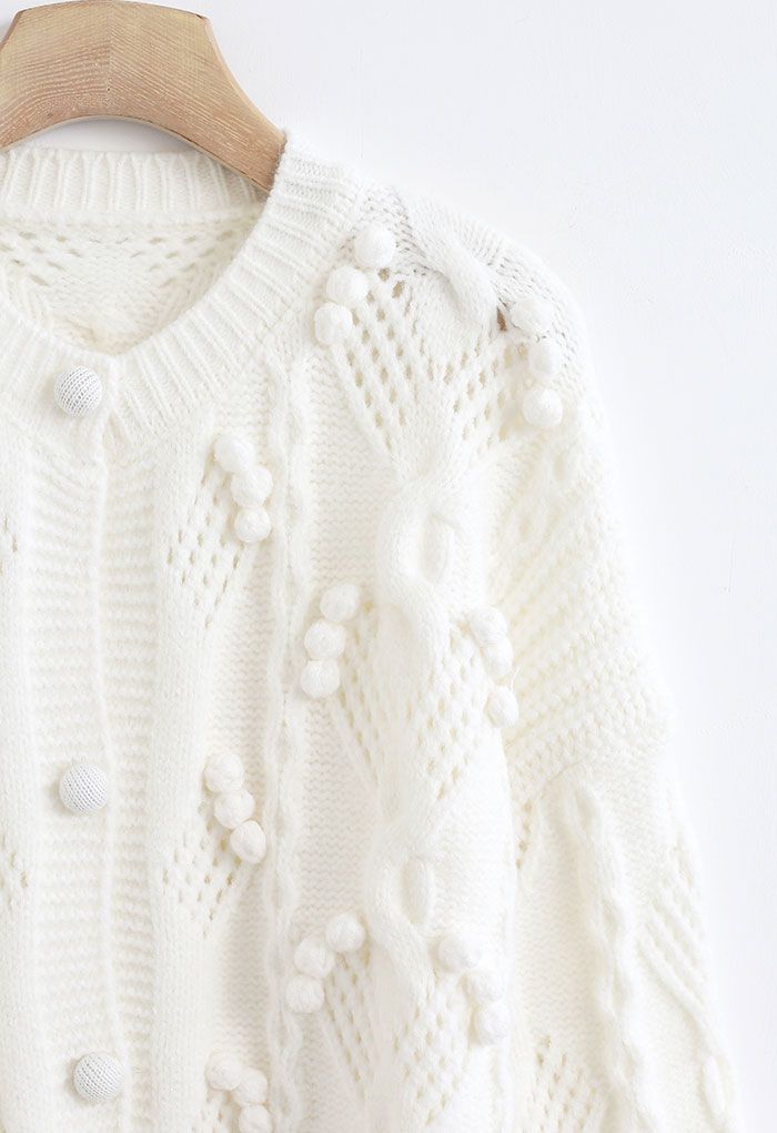 Pom-Pom Braid Hollow Out Knit Cardigan in White