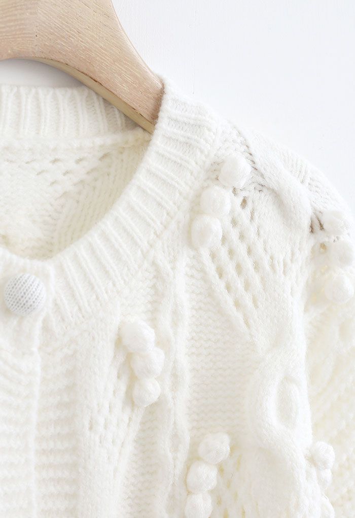 Pom-Pom Braid Hollow Out Knit Cardigan in White