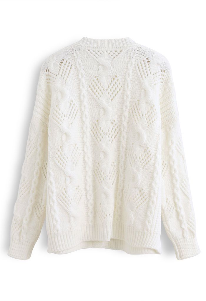 Pom-Pom Braid Hollow Out Knit Cardigan in White