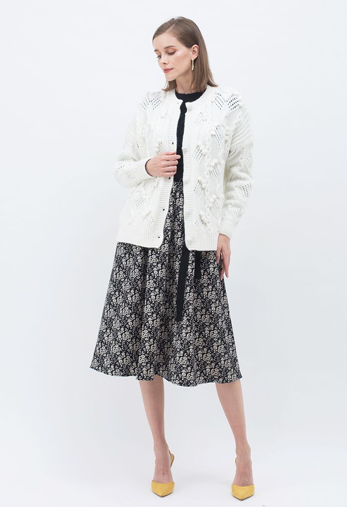 Pom-Pom Braid Hollow Out Knit Cardigan in White