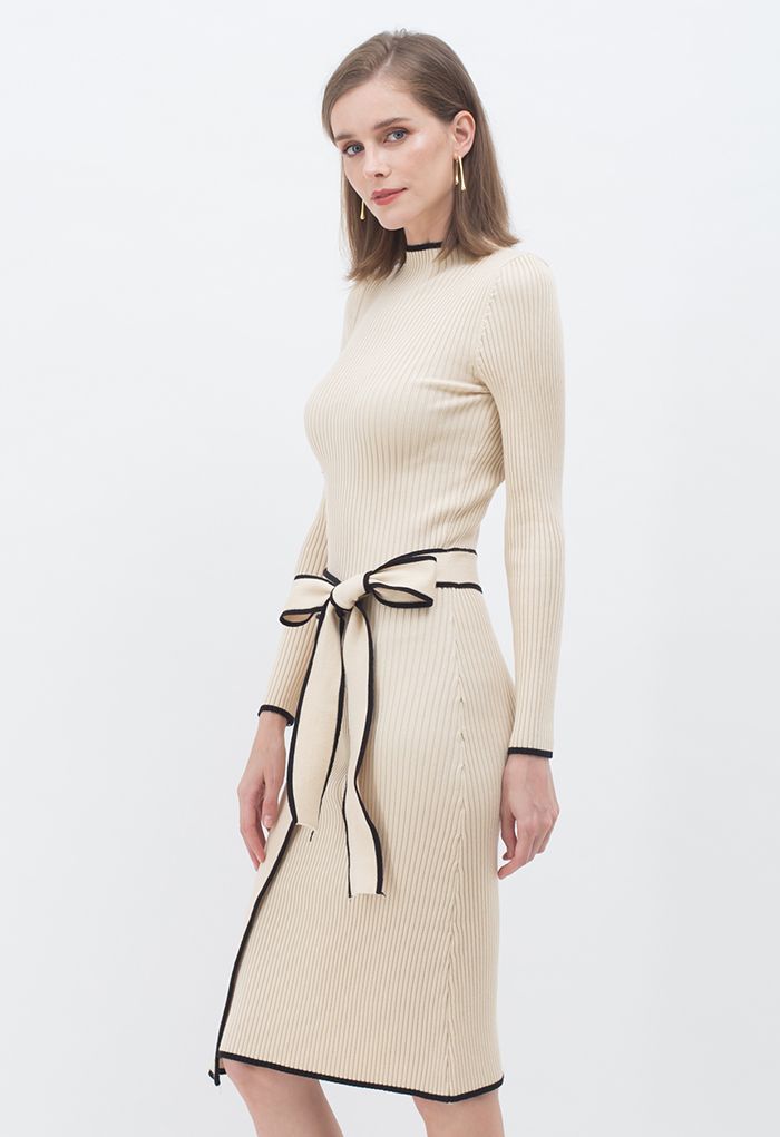 Contrast Edge Flap Front Tie Bow Knit Dress