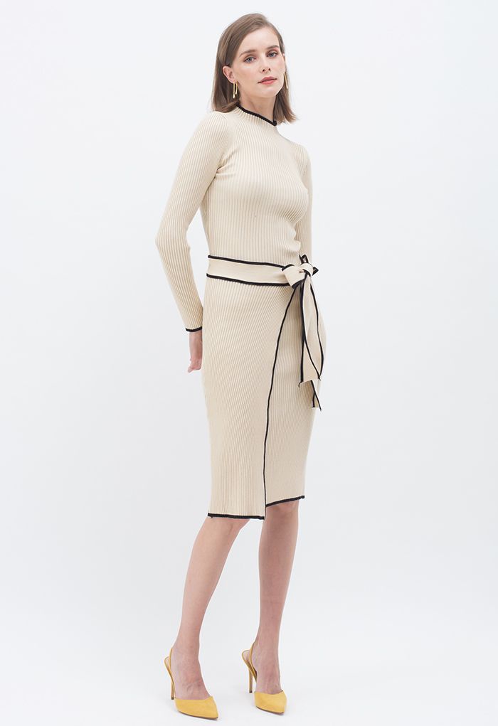 Contrast Edge Flap Front Tie Bow Knit Dress