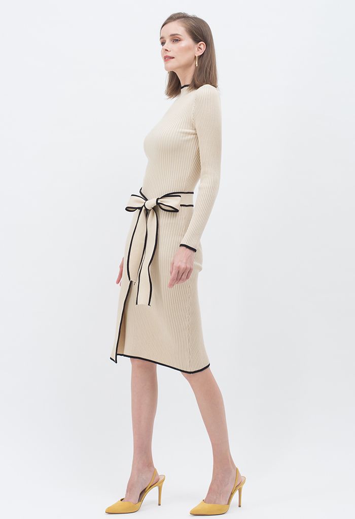 Contrast Edge Flap Front Tie Bow Knit Dress