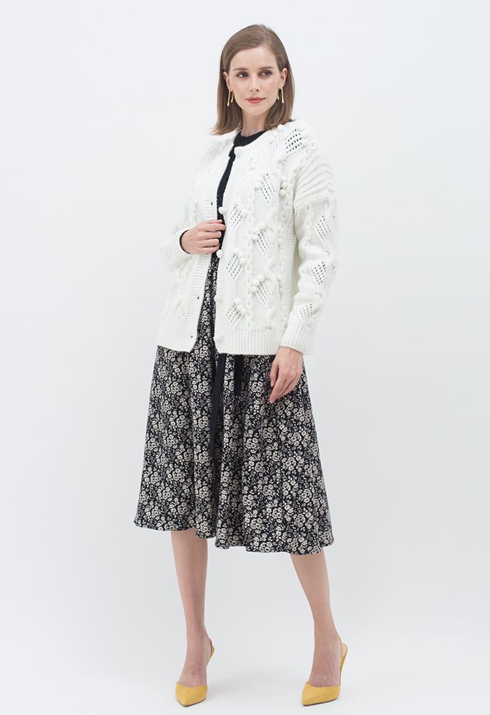 Pom-Pom Braid Hollow Out Knit Cardigan in White