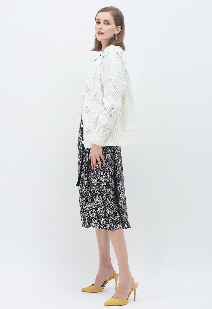 Pom-Pom Braid Hollow Out Knit Cardigan in White
