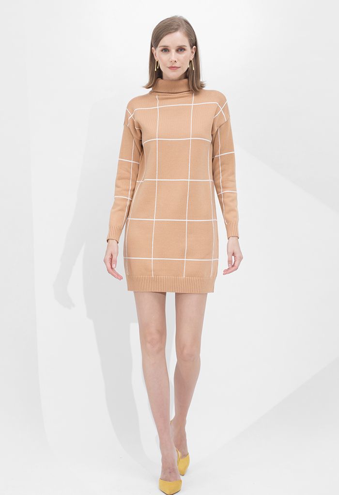 Warm Welcome Grid Turtleneck Sweater Dress in Tan
