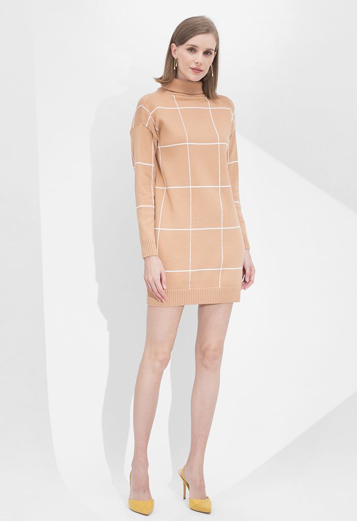 Warm Welcome Grid Turtleneck Sweater Dress in Tan