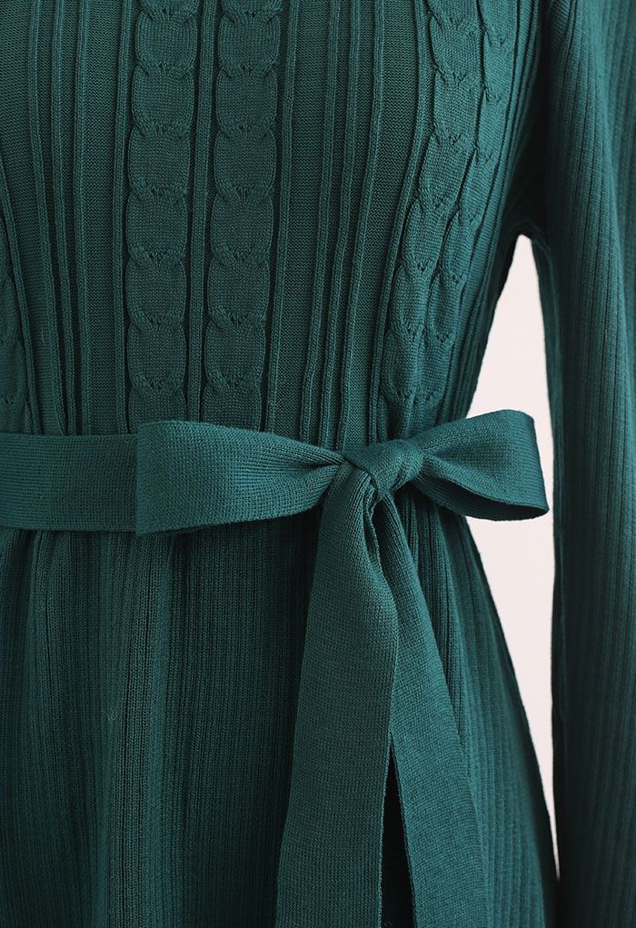 Braid Knit Gigot Sleeve Midi Dress in Dark Green