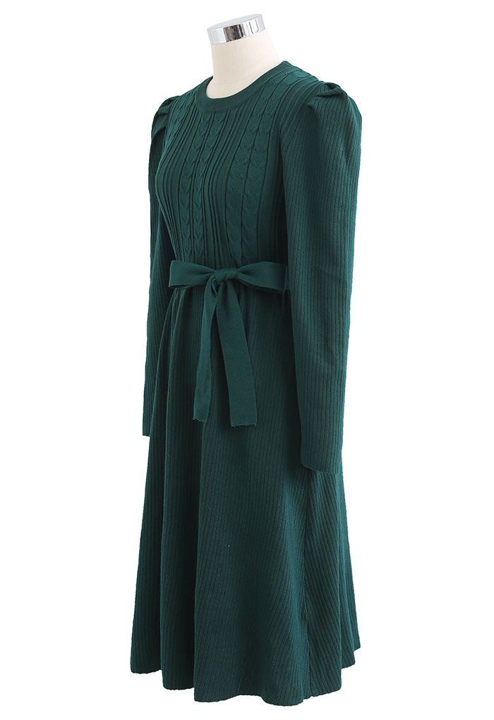 Braid Knit Gigot Sleeve Midi Dress in Dark Green