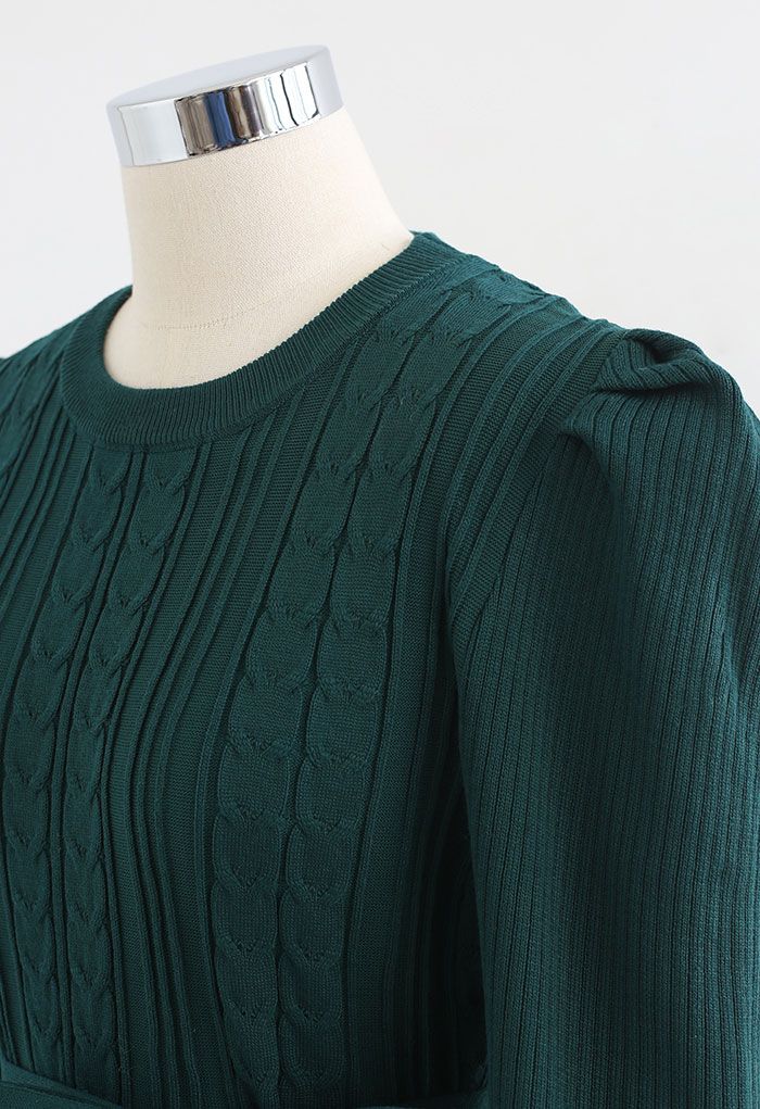 Braid Knit Gigot Sleeve Midi Dress in Dark Green