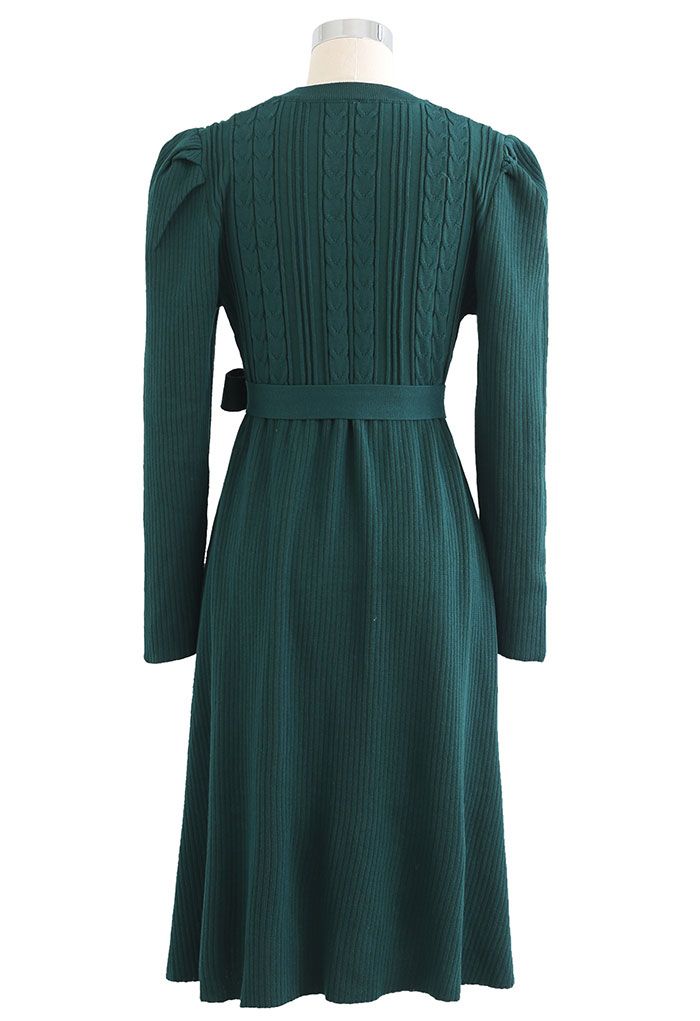 Braid Knit Gigot Sleeve Midi Dress in Dark Green