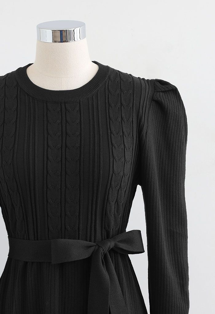 Braid Knit Gigot Sleeve Midi Dress in Black