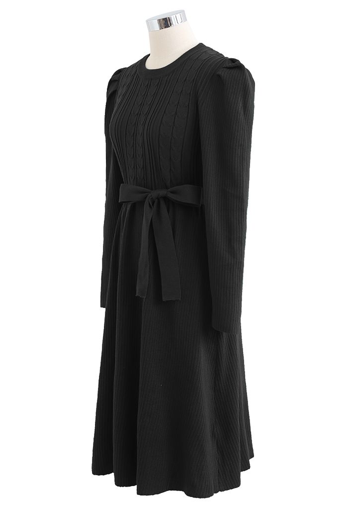 Braid Knit Gigot Sleeve Midi Dress in Black