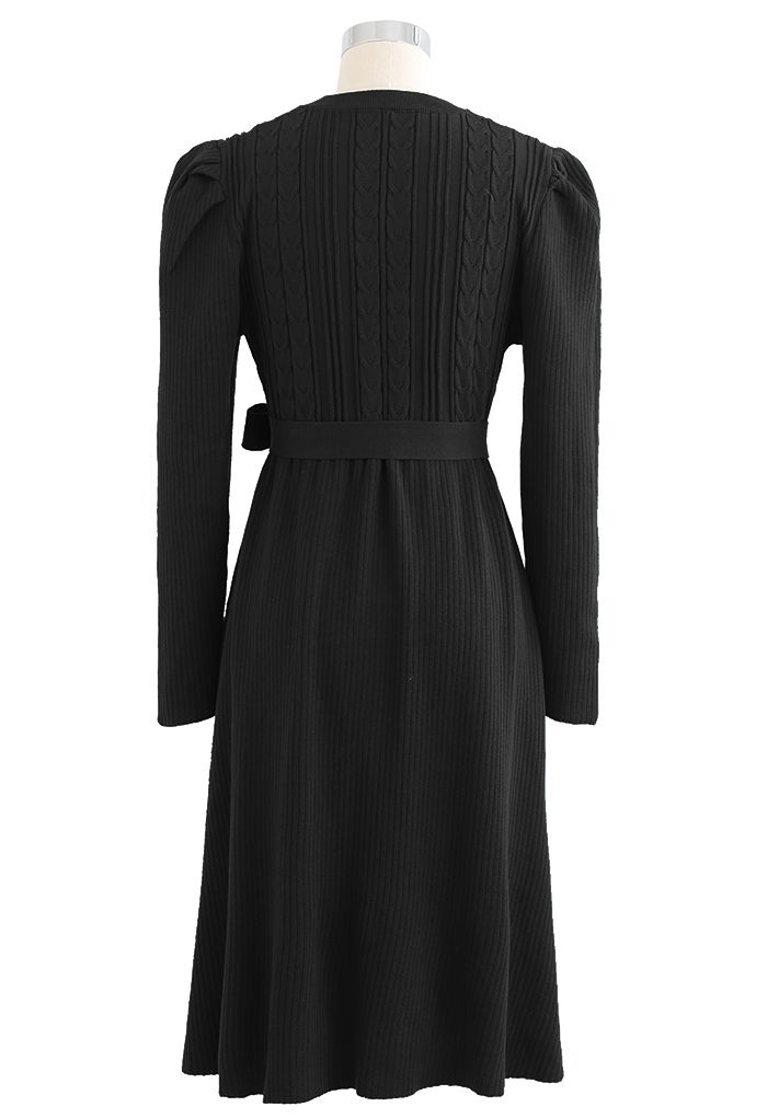 Braid Knit Gigot Sleeve Midi Dress in Black