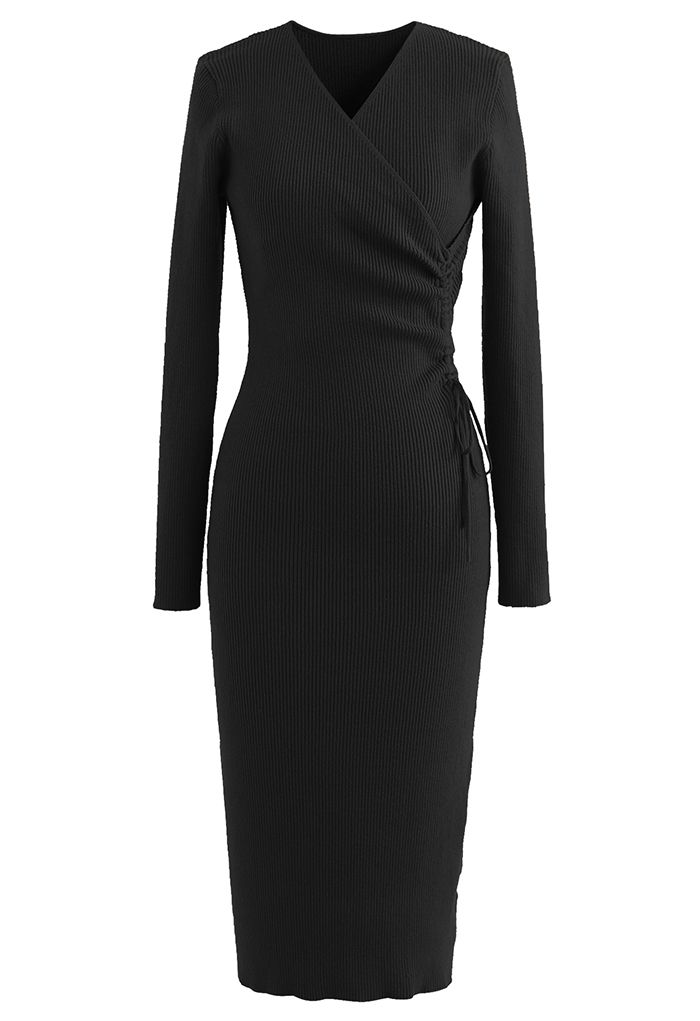 Drawstring Side Wrap Bust Knit Midi Dress in Black