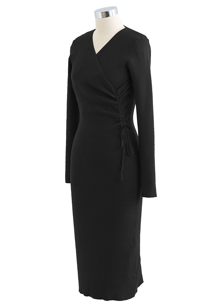 Drawstring Side Wrap Bust Knit Midi Dress in Black