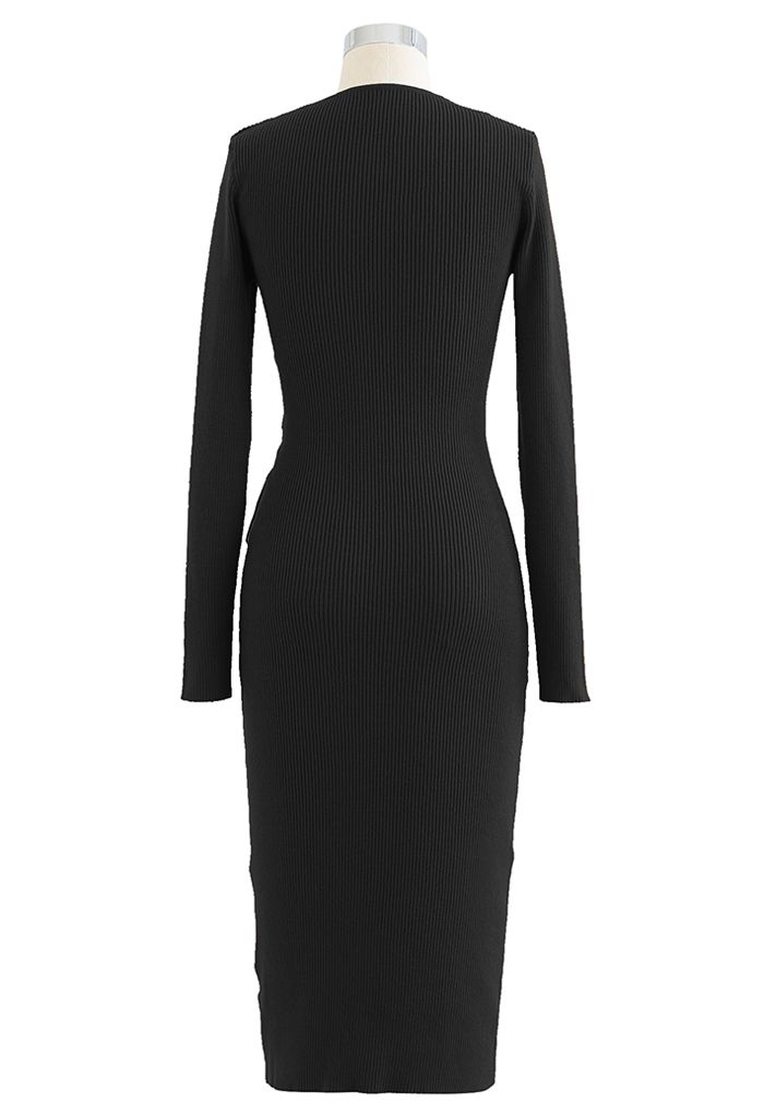Drawstring Side Wrap Bust Knit Midi Dress in Black