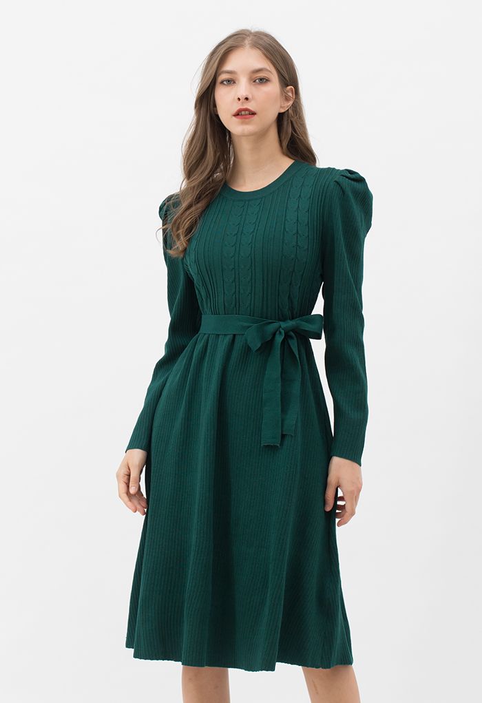 Braid Knit Gigot Sleeve Midi Dress in Dark Green